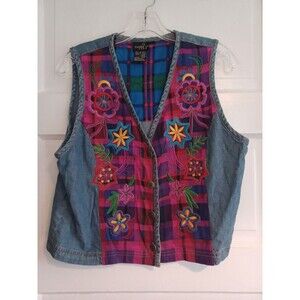 Carole Little vintage embroidered denim vest M colorful plaid holiday boho retro